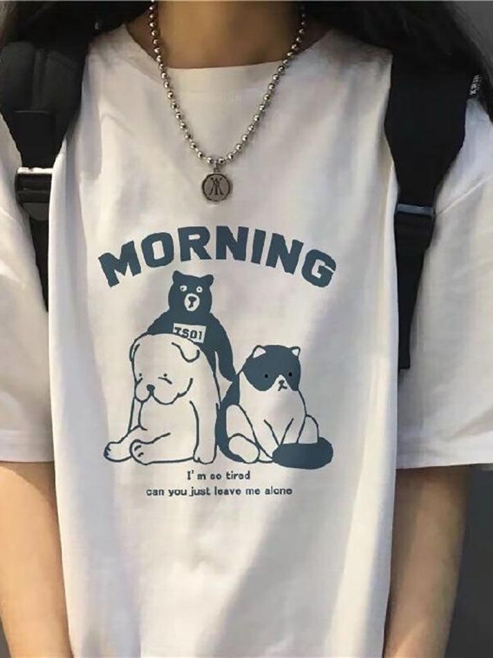 Short Sleeve Animal & Lettering Print Loose-Fit Top - HouseofHalley