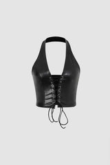 Faux Leather Halter Lace-Up Top - HouseofHalley