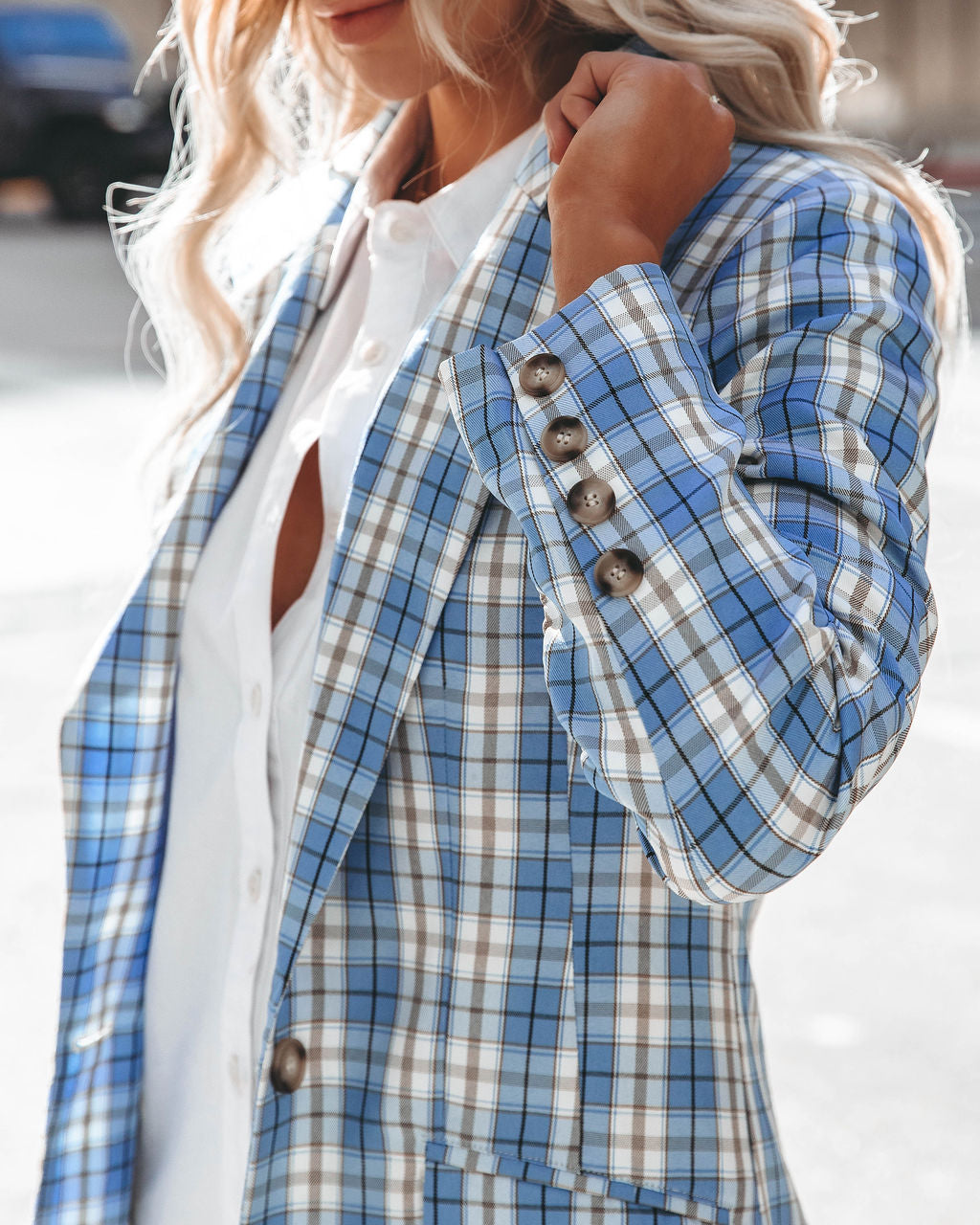 Fava Pocketed Plaid Blazer - Blue