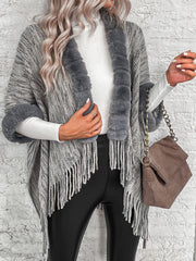 Open Front Fringe Hem Faux Fur Poncho