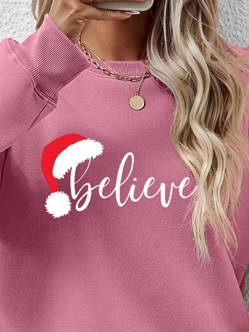 BELIEVE Graphic Long Sleeve Holiday Christmas Sweatshirt