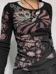 Floral Print Ribbed Slim Long Sleeve Knit - HouseofHalley