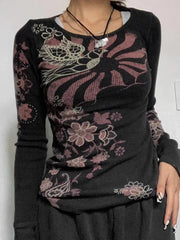 Floral Print Ribbed Slim Long Sleeve Knit - HouseofHalley