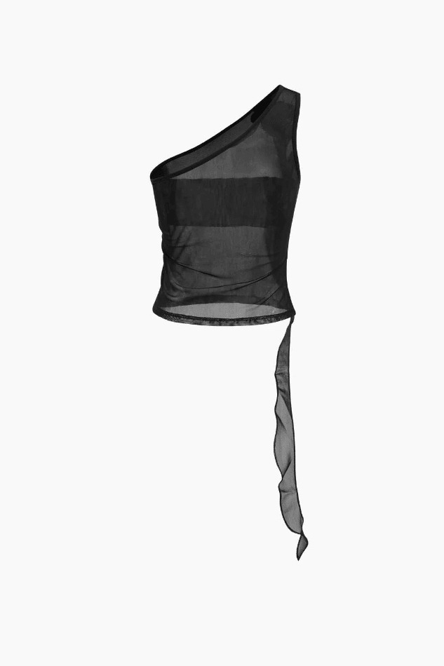 Flower Embellished One Shoulder Mesh Tank Top - HouseofHalley