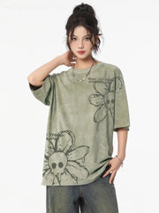 Flower Floral Skull Print T-Shirt