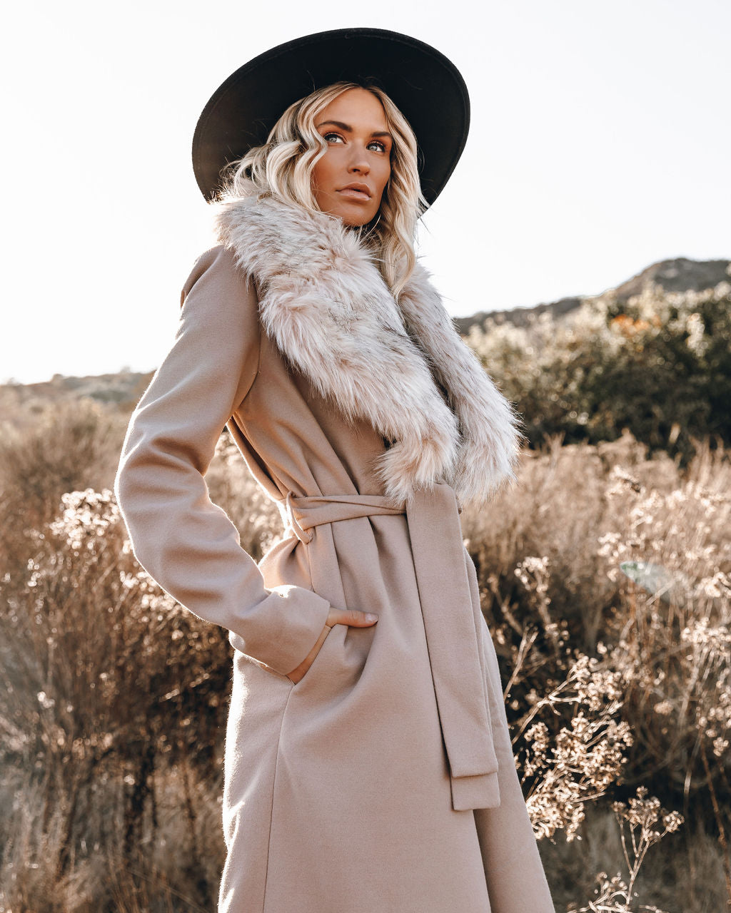 Frederica Pocketed Faux Fur Collar Coat