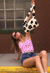 Fuzzy Floral Pattern Baguette Bag