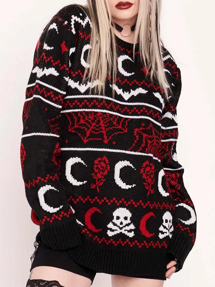 Gothic Moon Skull Pattern Sweater