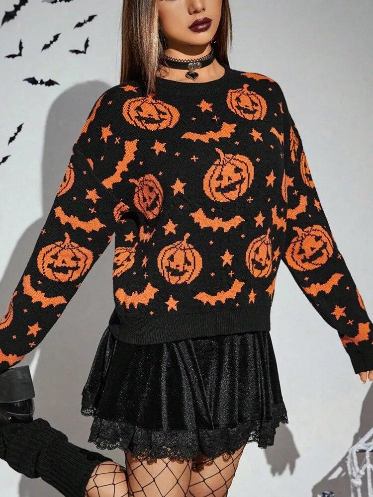 Gothic Pumpkin Bat Knitted Sweater