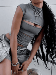 Gray Cutout Short Sleeve Tee - HouseofHalley