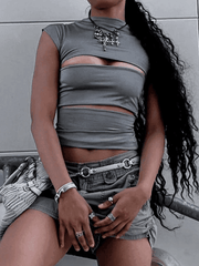 Gray Cutout Short Sleeve Tee - HouseofHalley