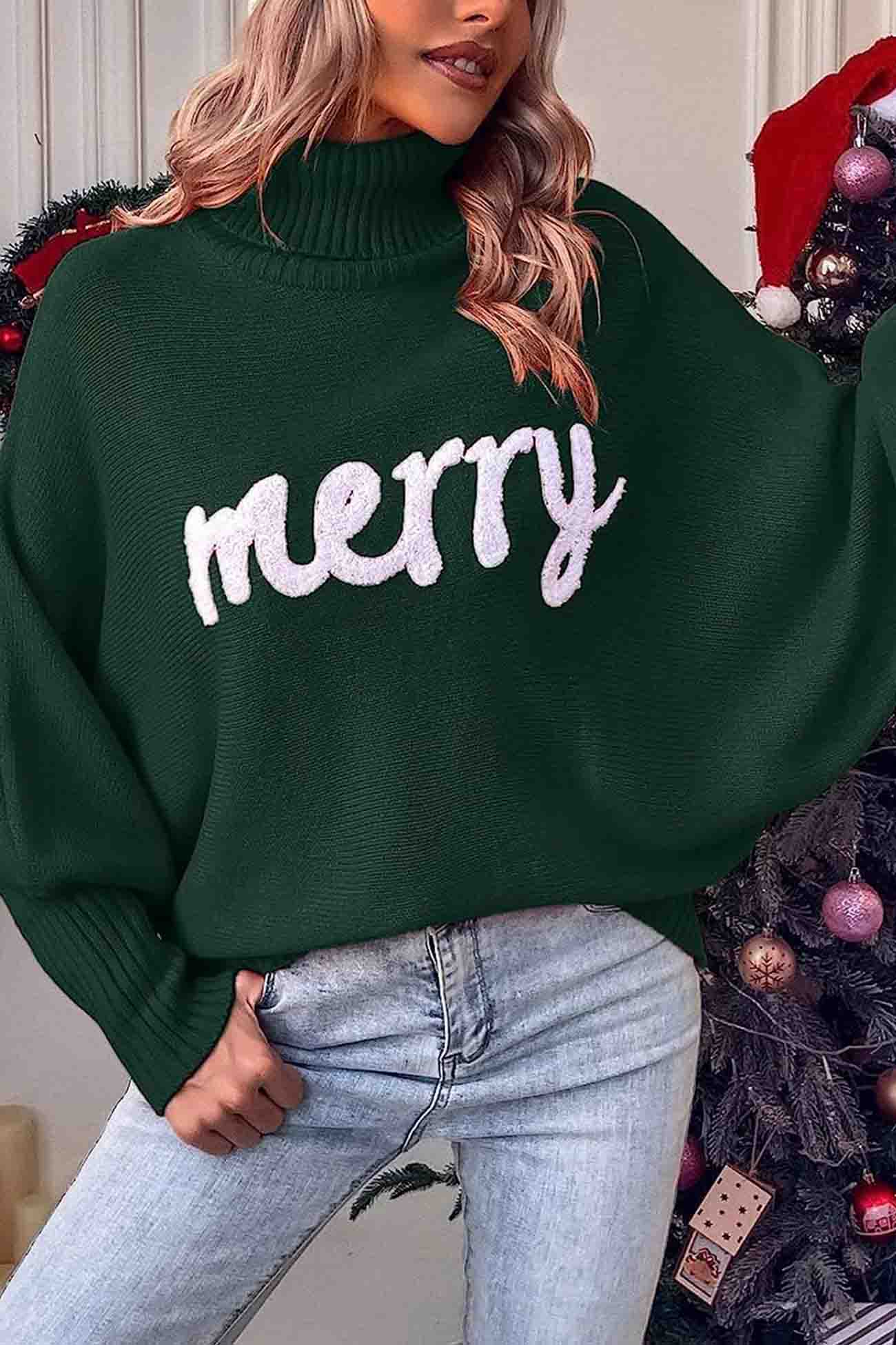 Merry Printed Dolman Sleeve Turtleneck Knitted Sweater