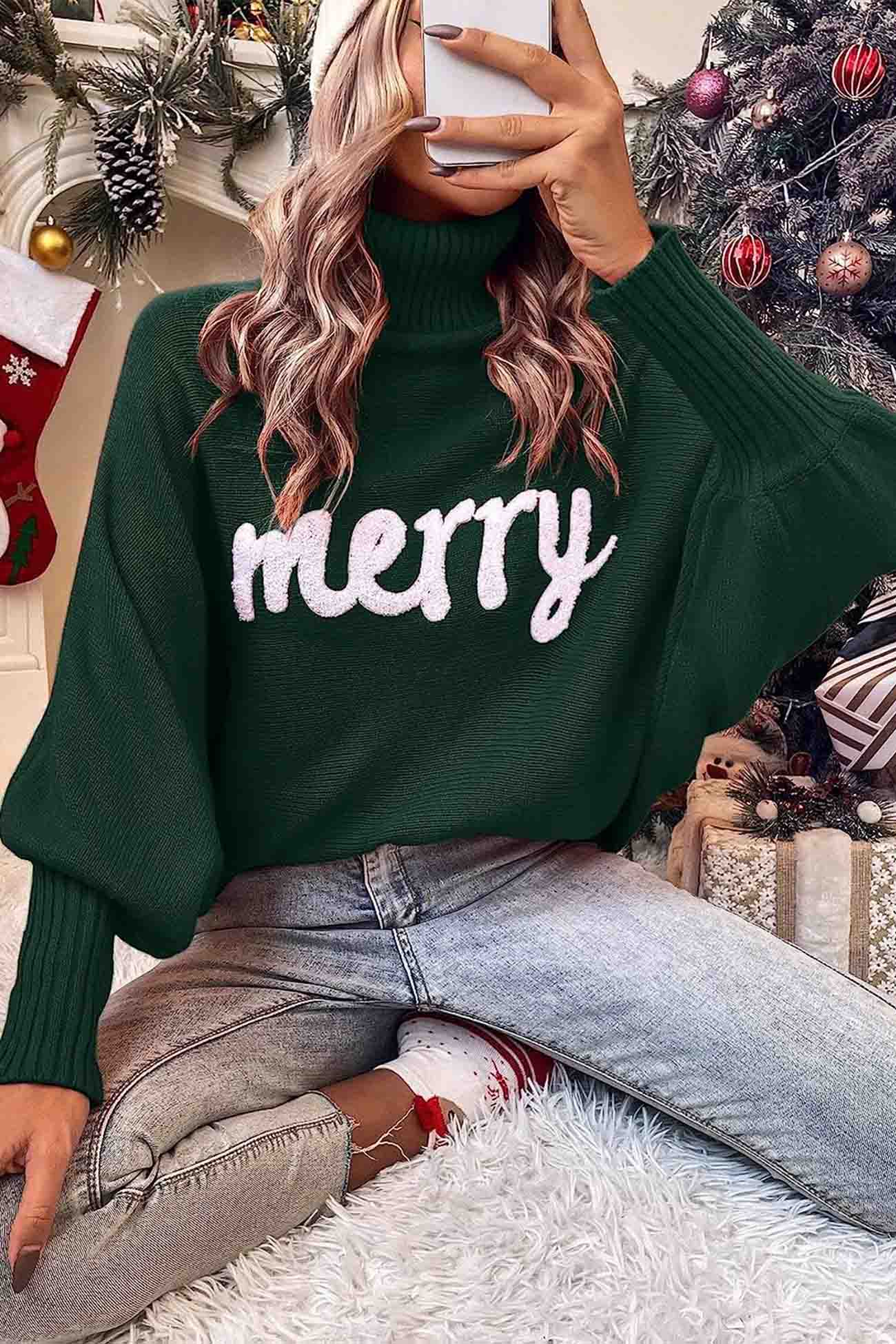 Merry Printed Dolman Sleeve Turtleneck Knitted Sweater