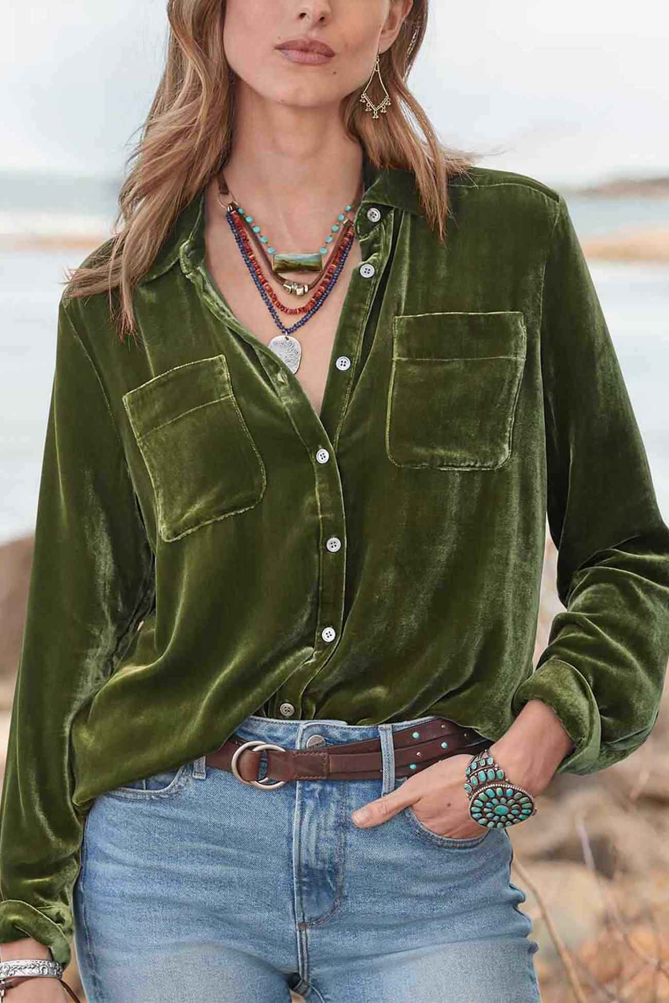 Lapel Velvet Button Up Blouse