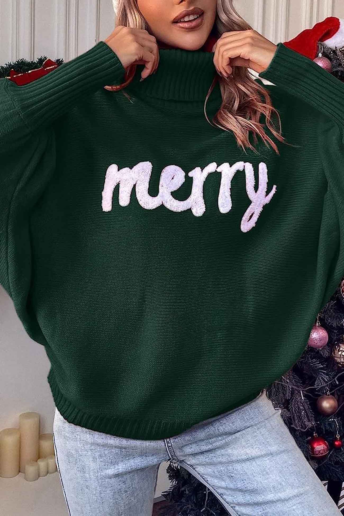 Merry Printed Dolman Sleeve Turtleneck Knitted Sweater