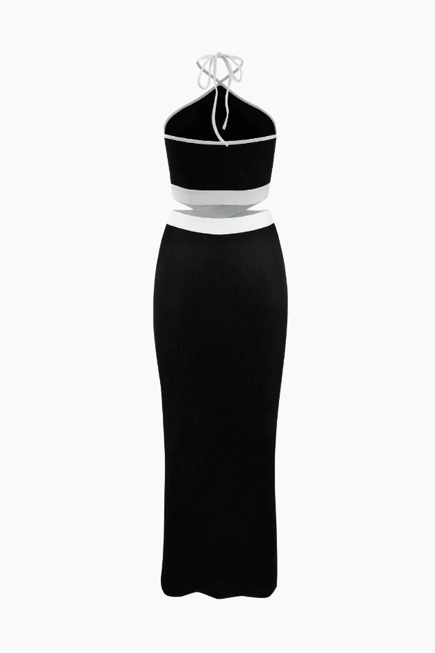 Halter Neck Cut Out Back Rib Knit Midi Dress - HouseofHalley