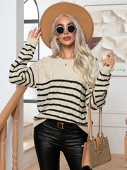 Women's Casual Button Striped Long Sleeve Pullover Sweater