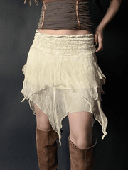 High Waist Mesh Asymmetric Hem Mini Skirt - HouseofHalley