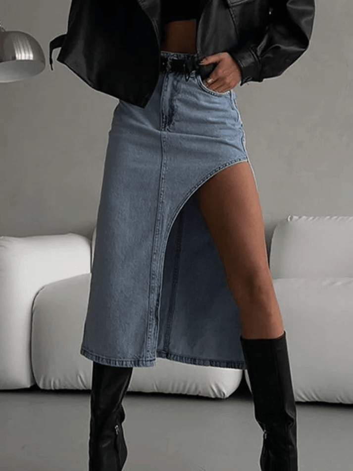 High Waist Slit Denim Skirt - HouseofHalley
