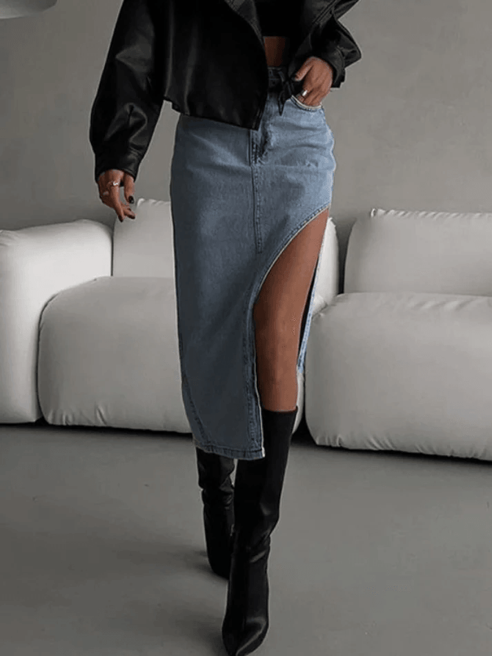 High Waist Slit Denim Skirt - HouseofHalley