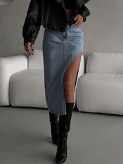 High Waist Slit Denim Skirt - HouseofHalley