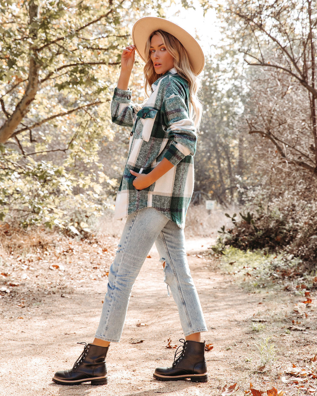 Hometown Pocketed Plaid Shacket - Hunter Green