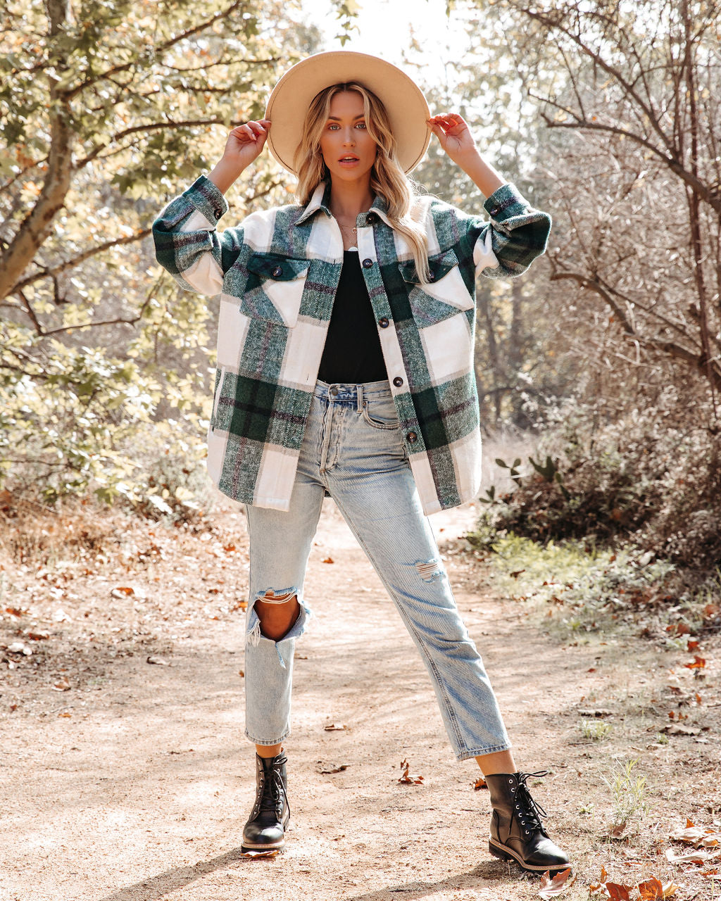 Hometown Pocketed Plaid Shacket - Hunter Green