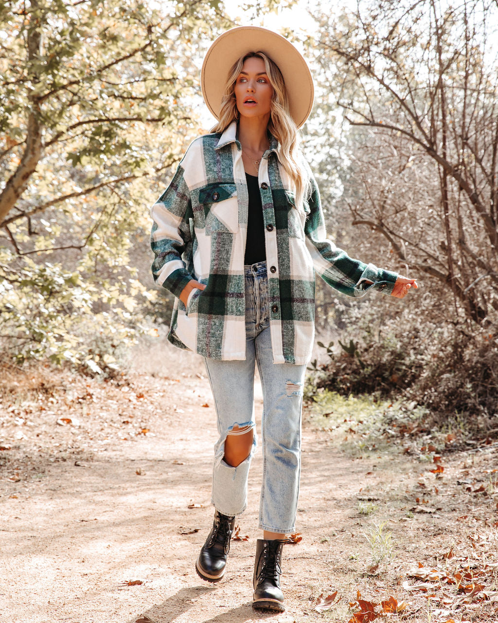 Hometown Pocketed Plaid Shacket - Hunter Green