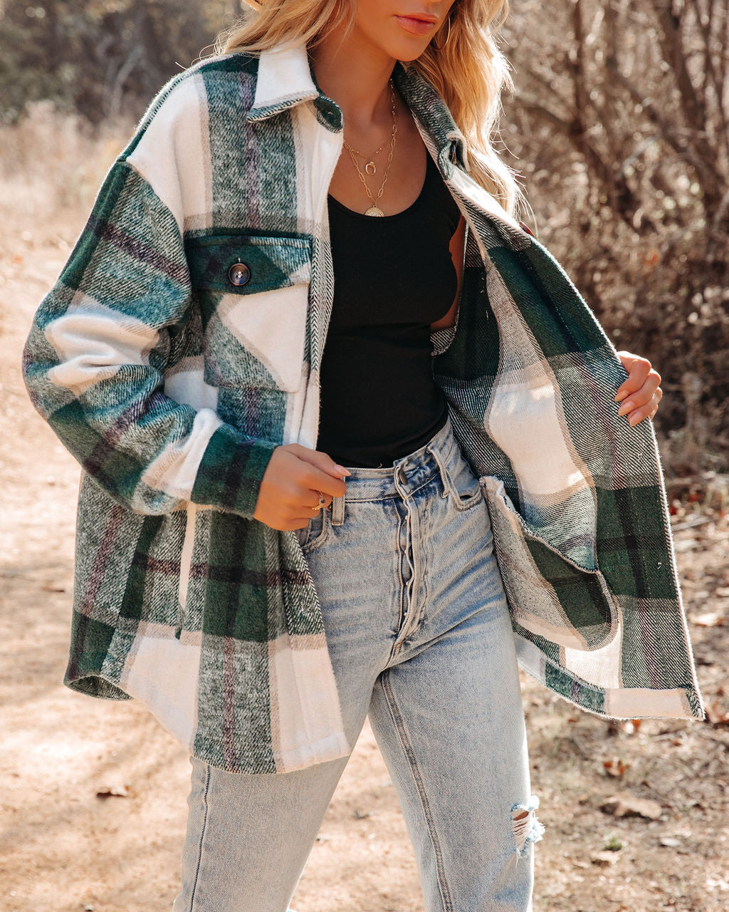 Hometown Pocketed Plaid Shacket - Hunter Green