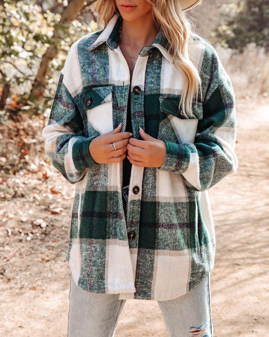 Hometown Pocketed Plaid Shacket - Hunter Green