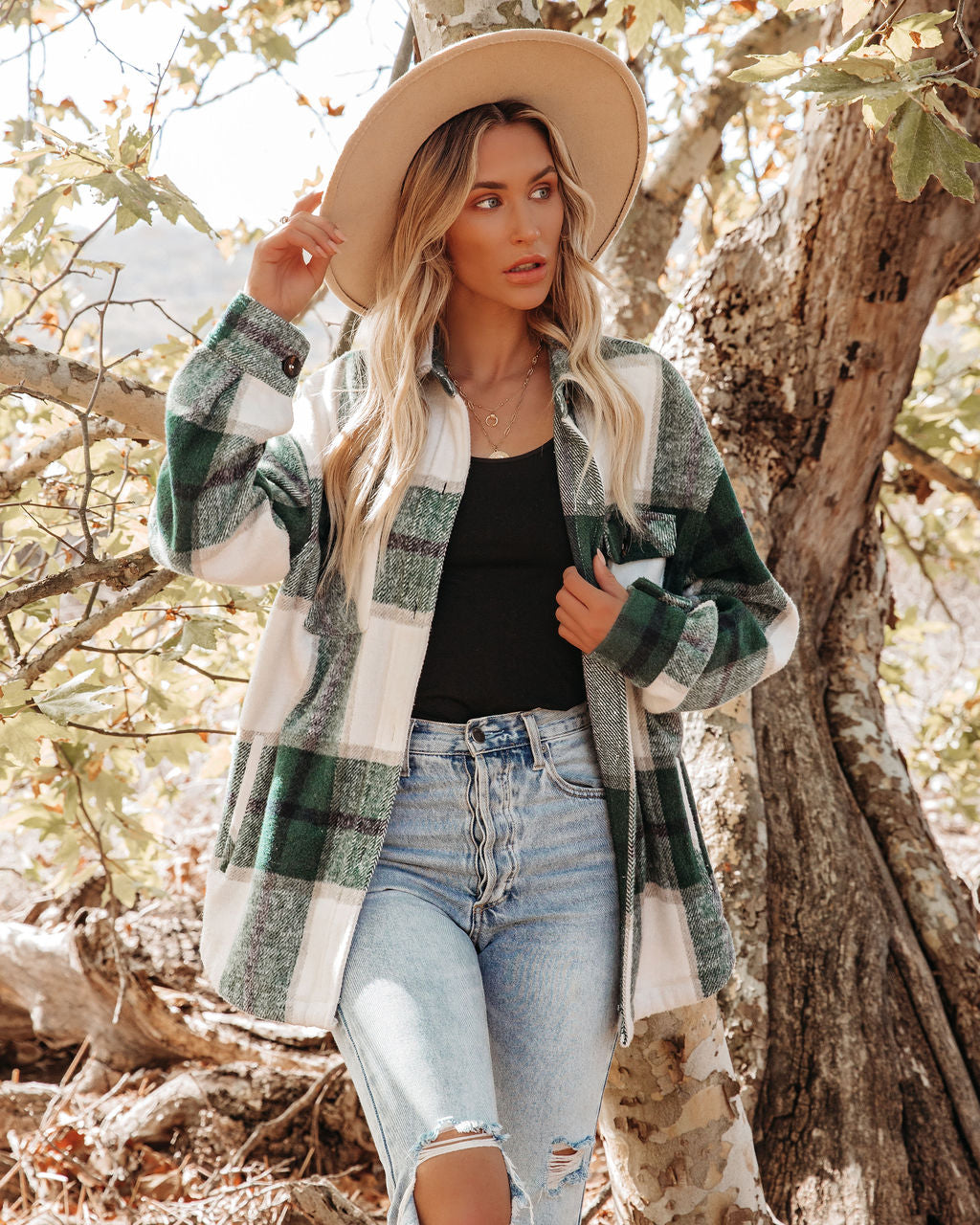 Hometown Pocketed Plaid Shacket - Hunter Green