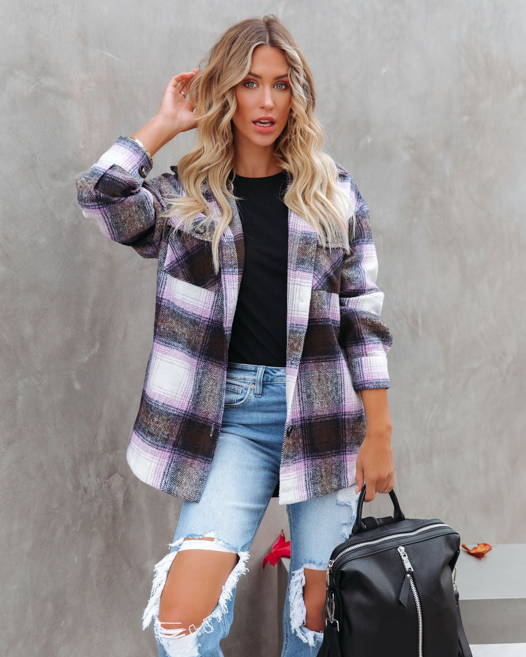 Hometown Pocketed Plaid Shacket - Lavender