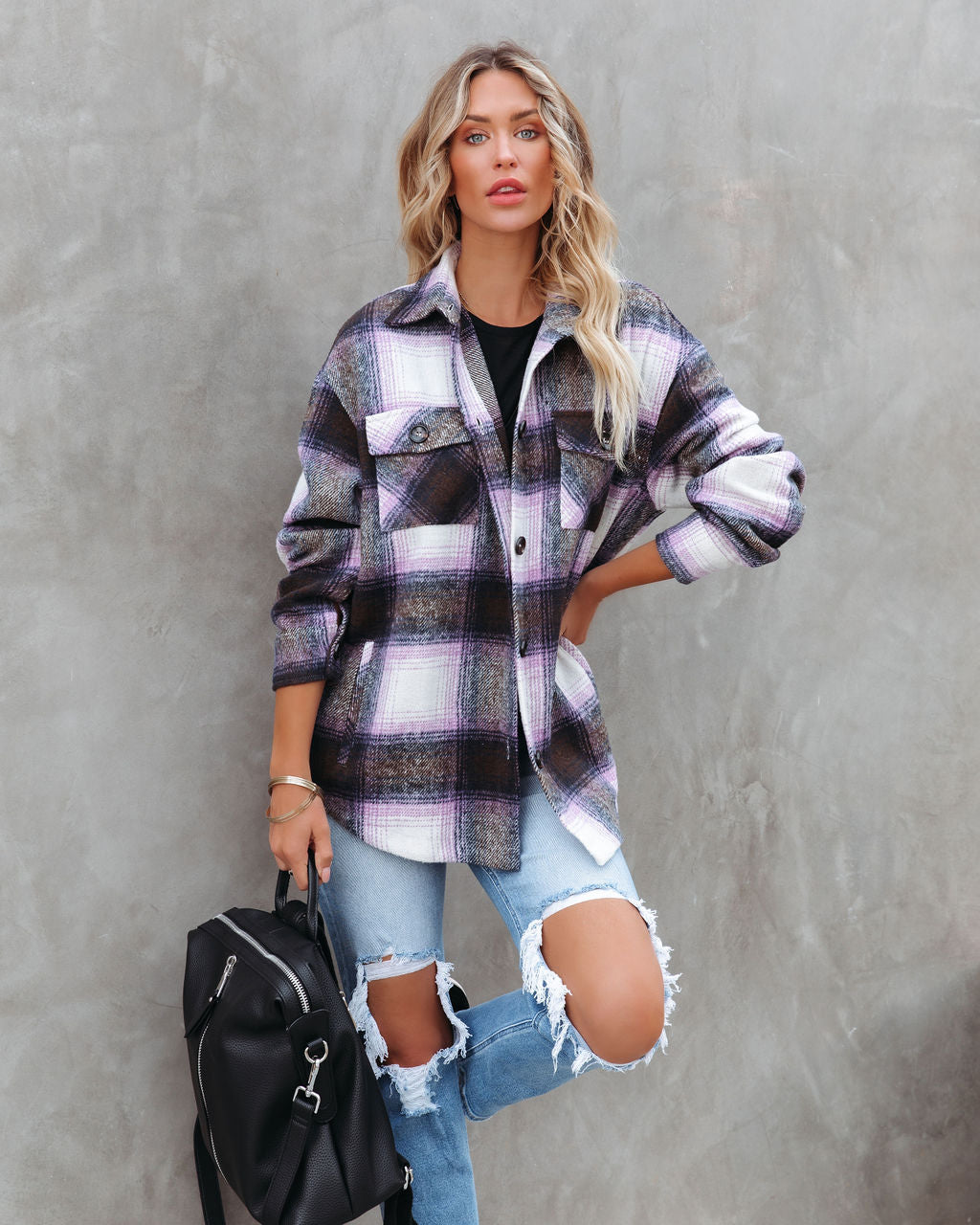 Hometown Pocketed Plaid Shacket - Lavender