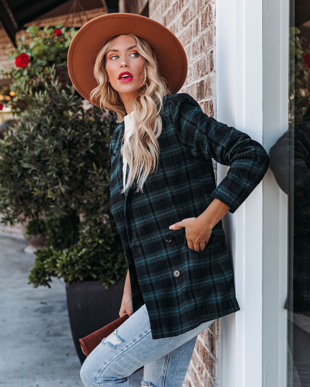 Ike Pocketed Plaid Blazer - Teal