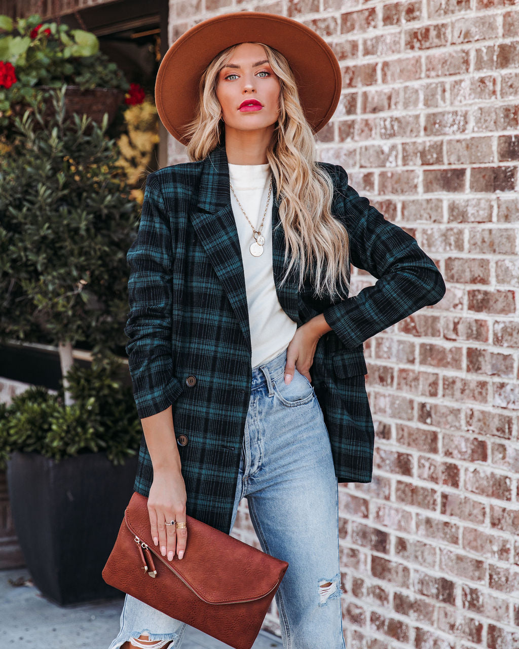 Ike Pocketed Plaid Blazer - Teal