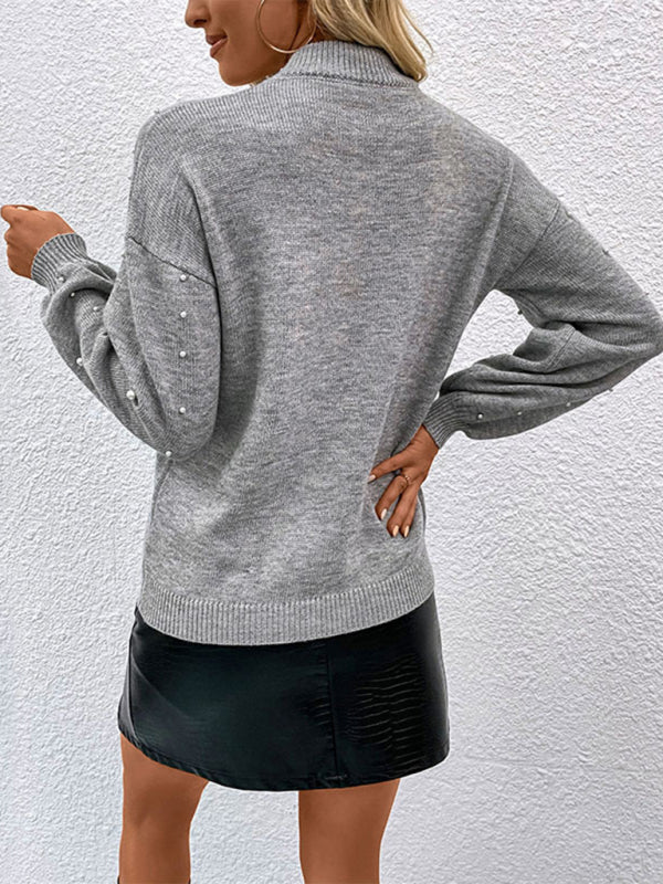 Long sleeve solid color pearl beaded loose pullover sweater