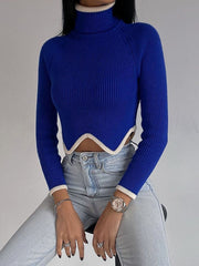 Women's turtleneck short sweater with irregular hem crop top long sleeve turtle neck top
