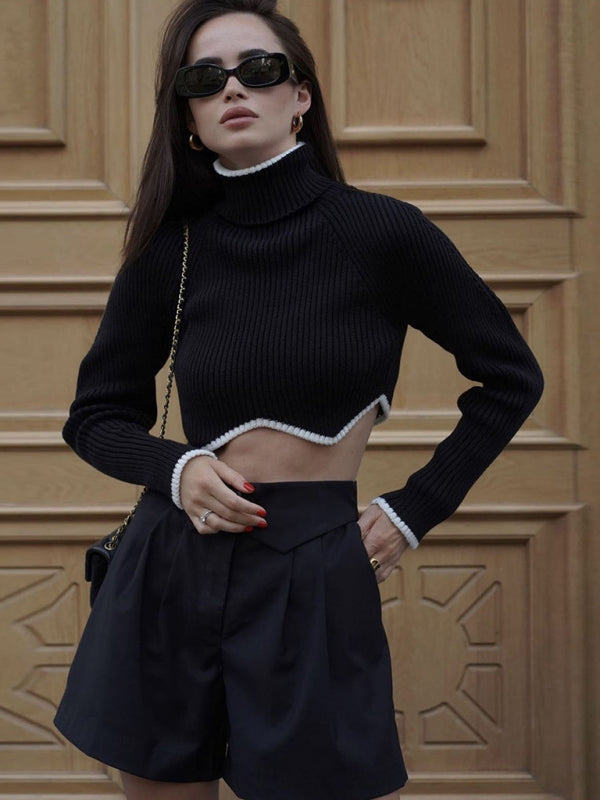 Women's turtleneck short sweater with irregular hem crop top long sleeve turtle neck top