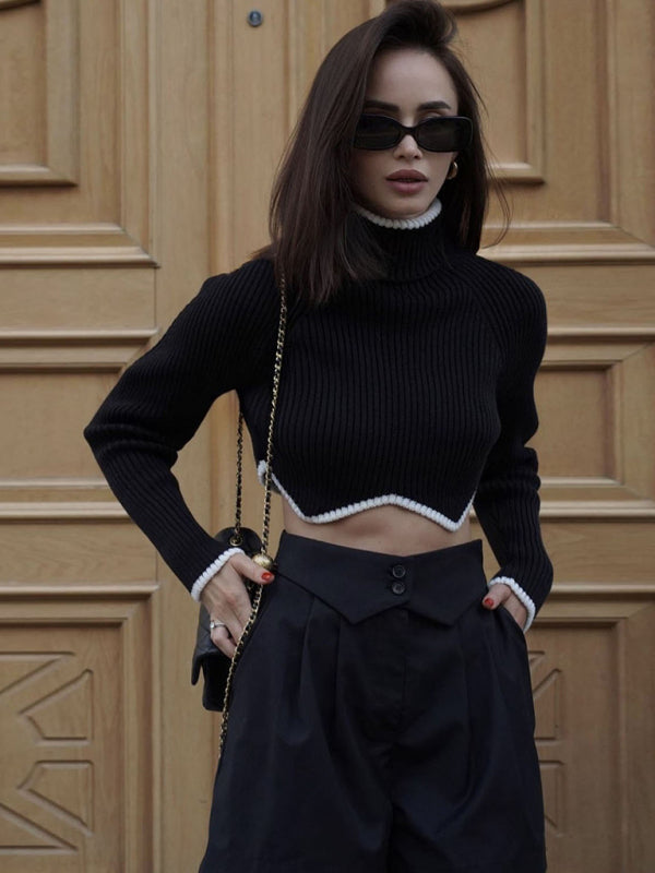 Women's turtleneck short sweater with irregular hem crop top long sleeve turtle neck top