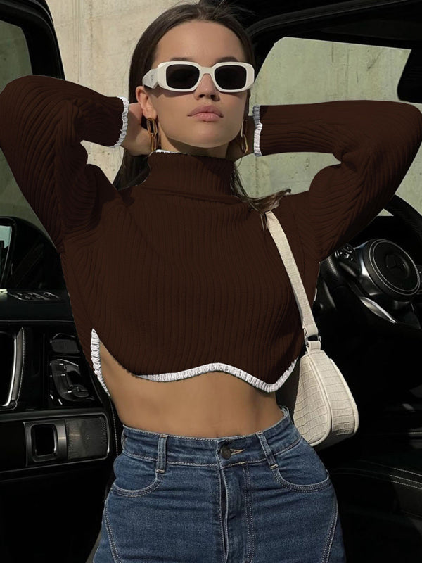 Women's turtleneck short sweater with irregular hem crop top long sleeve turtle neck top