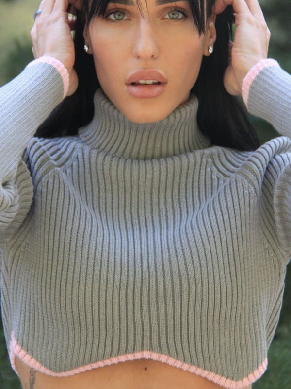 Women's turtleneck short sweater with irregular hem crop top long sleeve turtle neck top