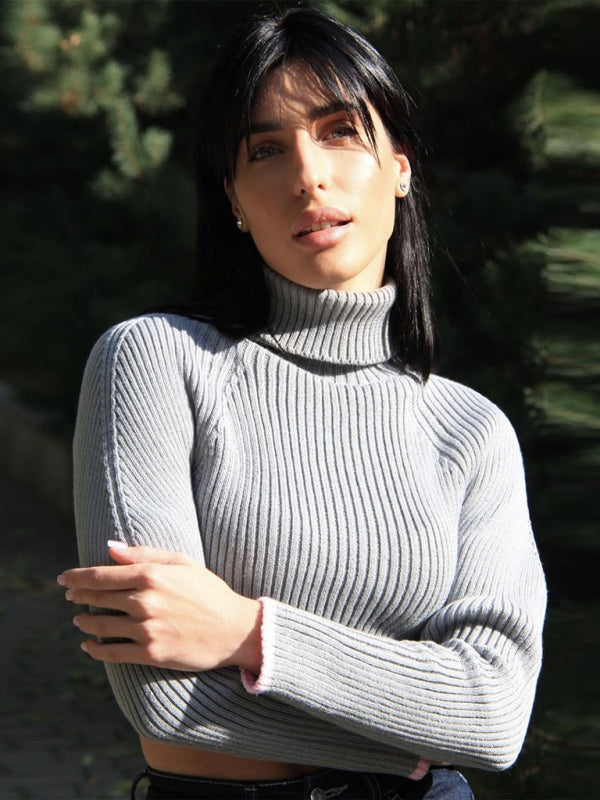 Women's turtleneck short sweater with irregular hem crop top long sleeve turtle neck top