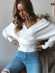Women's Sweater Top waisted off-shoulder long sleeve knitwear sweater