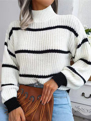 Women's Fashion Casual Striped Balloon Sleeve Turtleneck Sweater