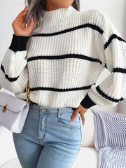 Women's Fashion Casual Striped Balloon Sleeve Turtleneck Sweater