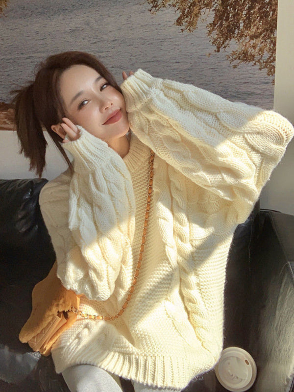 Women's new thickened lazy style loose and slim mid-length lantern sleeve sweater