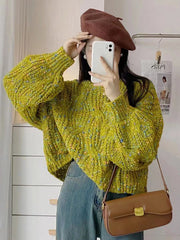 Women's color block loose twist crew neck knit sweater
