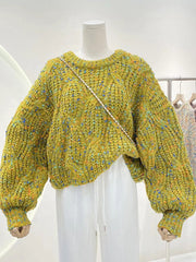 Women's color block loose twist crew neck knit sweater