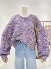 Women's color block loose twist crew neck knit sweater