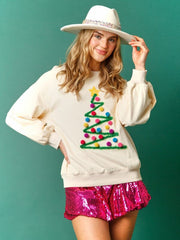 Women's Christmas tree embroidered crew neck Christmas sweatshirt